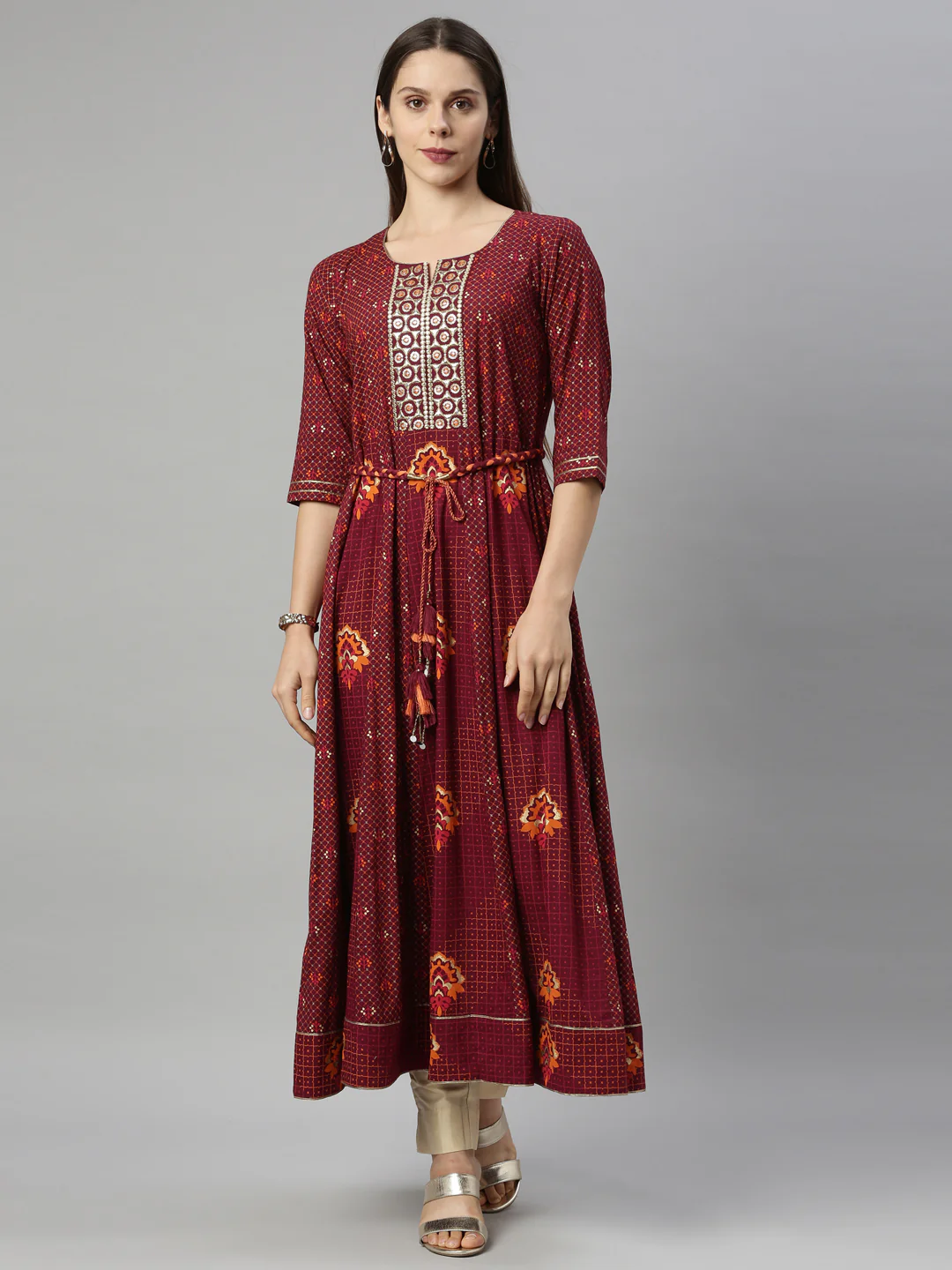 Neerus Maroon Color Slub Riyon Fabric Tunic