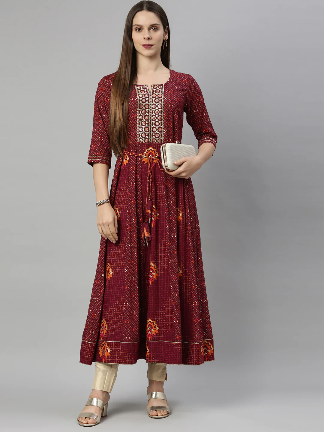 Neerus Maroon Color Slub Riyon Fabric Tunic - Image 7