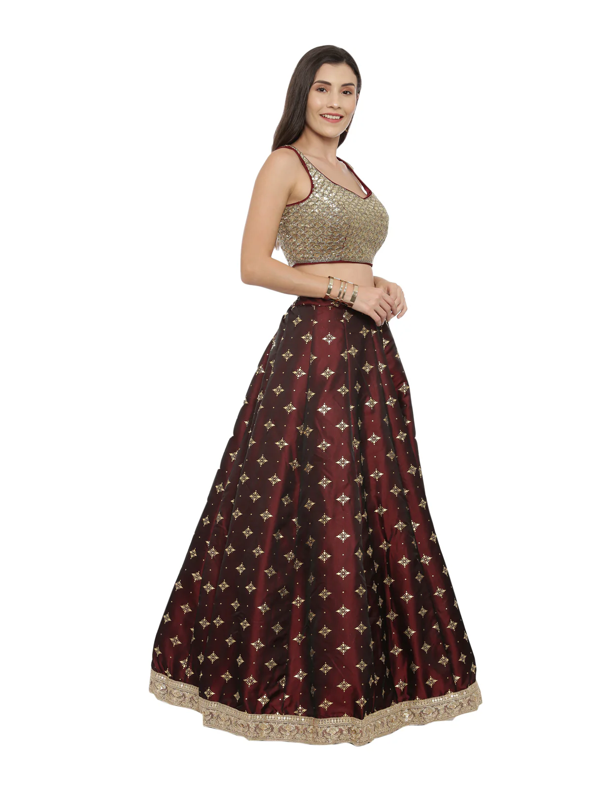 Neerus Maroon Color Tuffeta Fabric Ghagra Set - Image 4