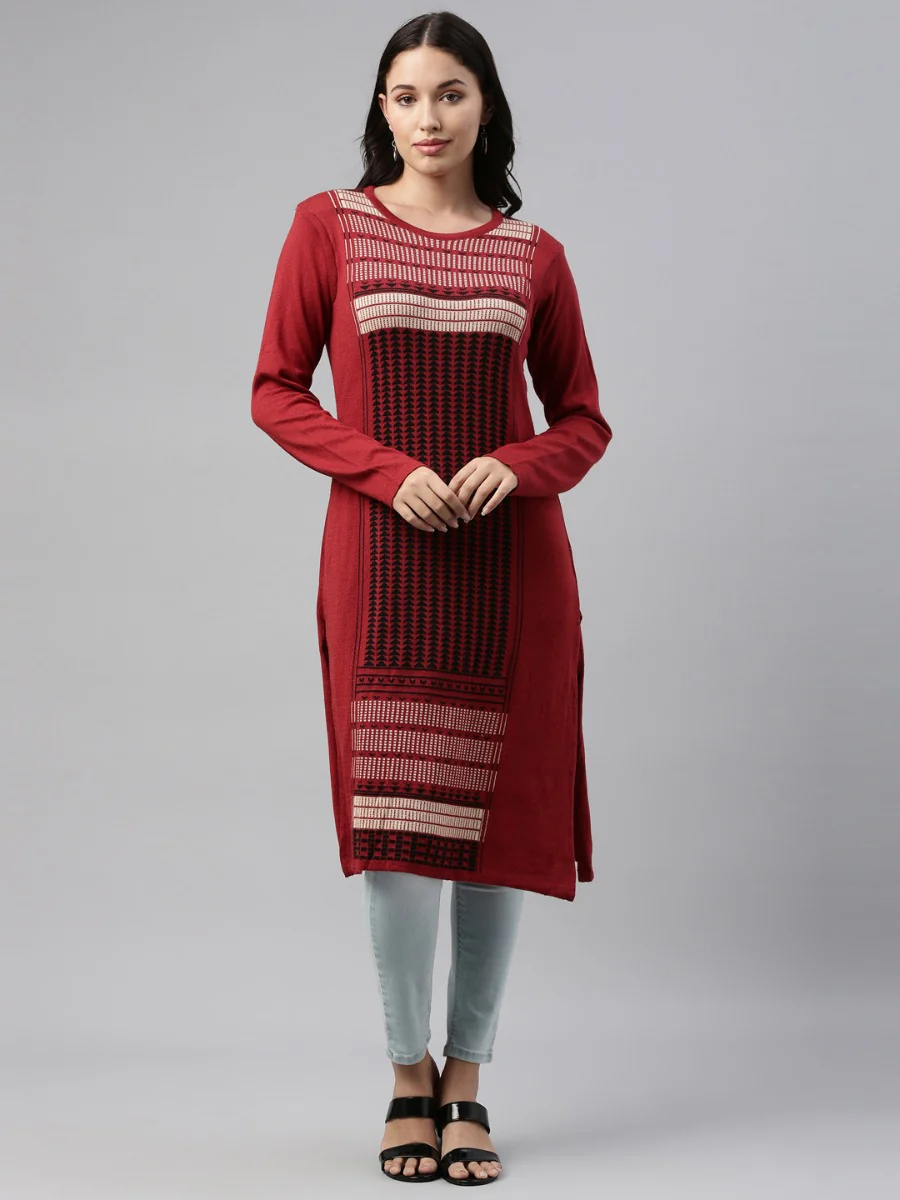 Neerus Maroon Color Winter Wear Kurtha - Image 6