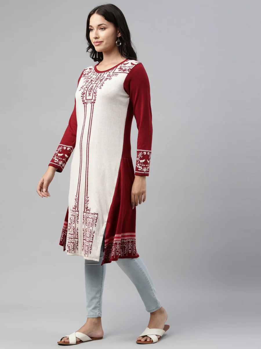 Neerus Maroon Color Winter Wear Kurtha - Image 8