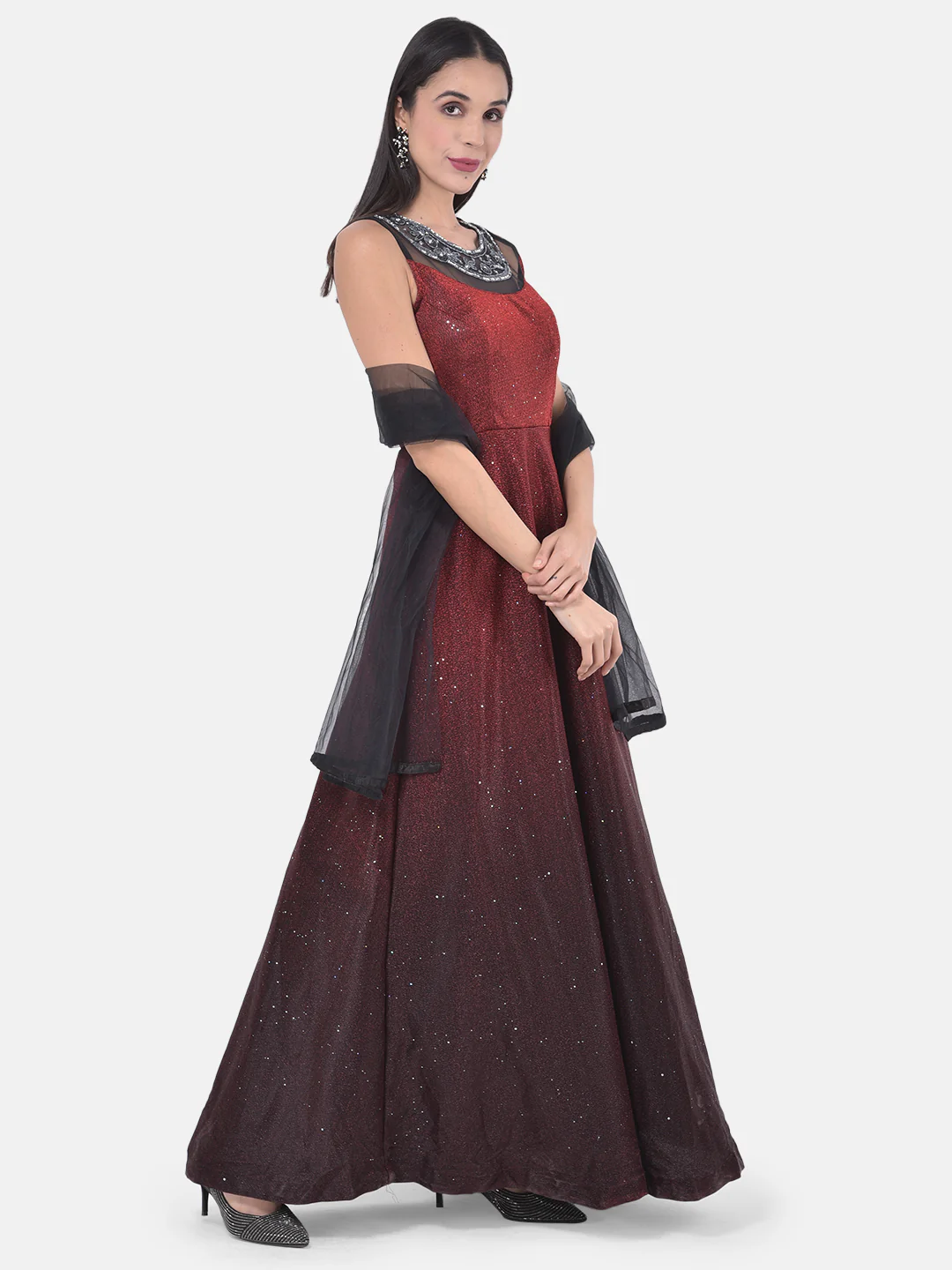 Neerus Maroon Colour Lycra Fabric Gown