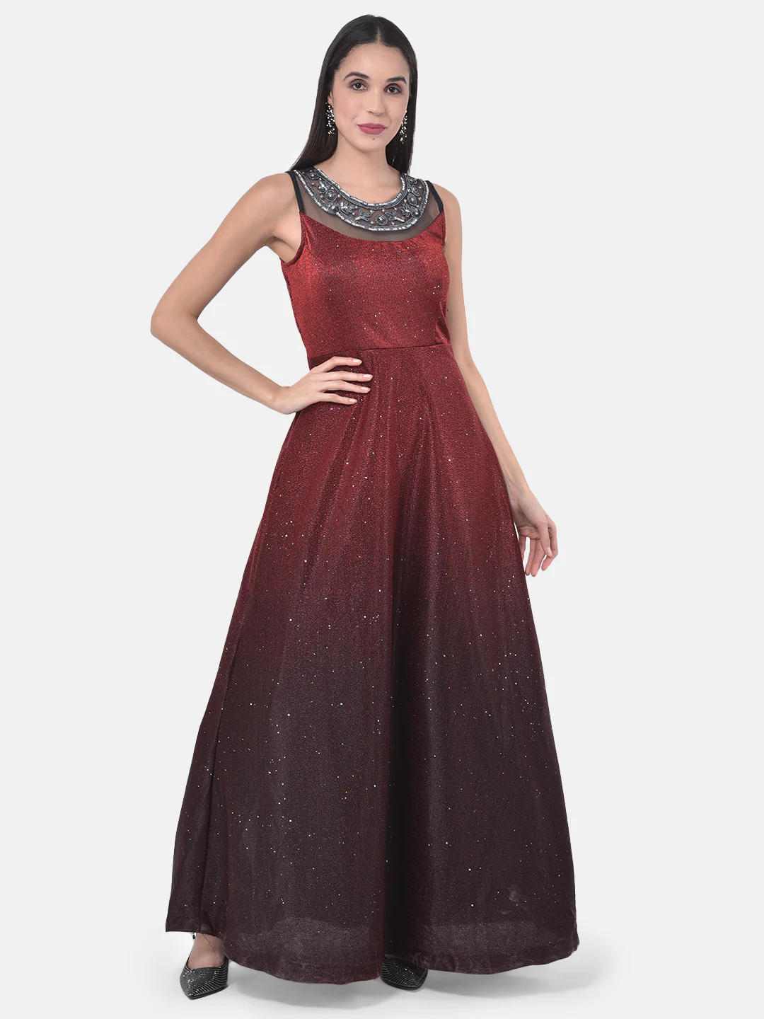 Neerus Maroon Colour Lycra Fabric Gown - Image 6