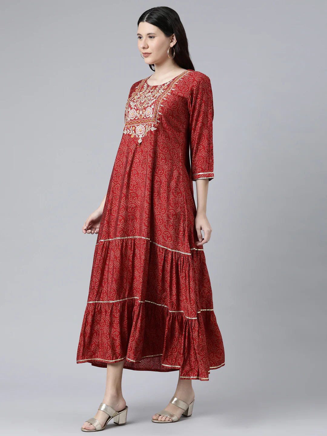Neerus Maroon Cotton Ethnic Motifs Embroidered Ethnic A-Line Maxi Dress - Image 2