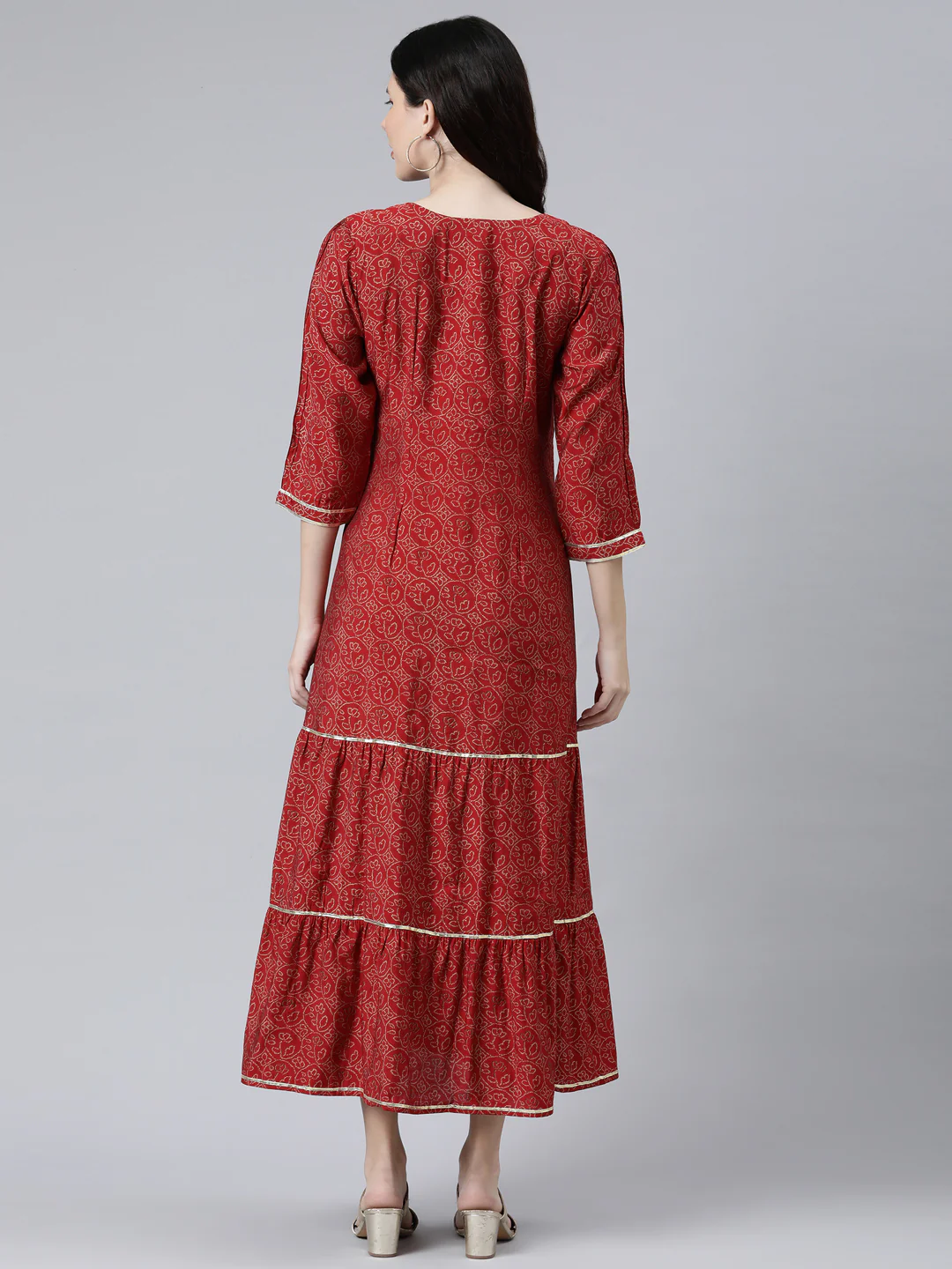 Neerus Maroon Cotton Ethnic Motifs Embroidered Ethnic A-Line Maxi Dress - Image 5