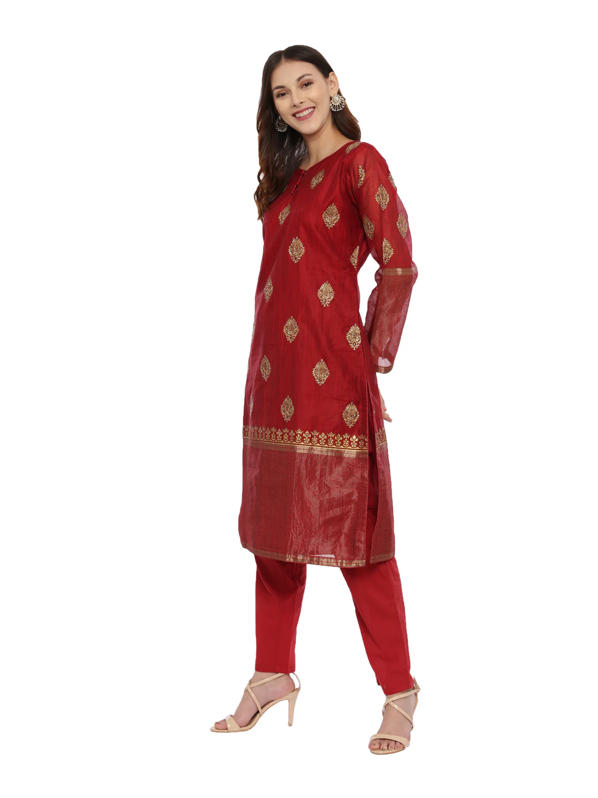 Neerus Maroon Embellished Kurta With Pant & Dupatta - Image 5