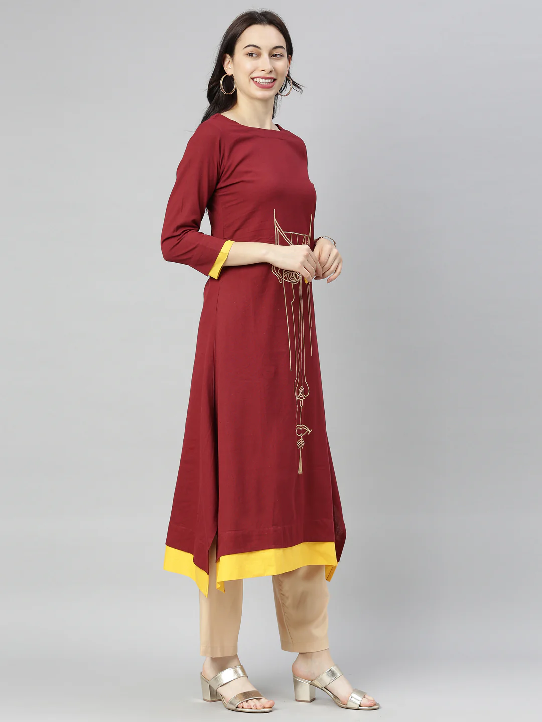 Neerus Maroon Embroidered A Line Kurta - Image 6