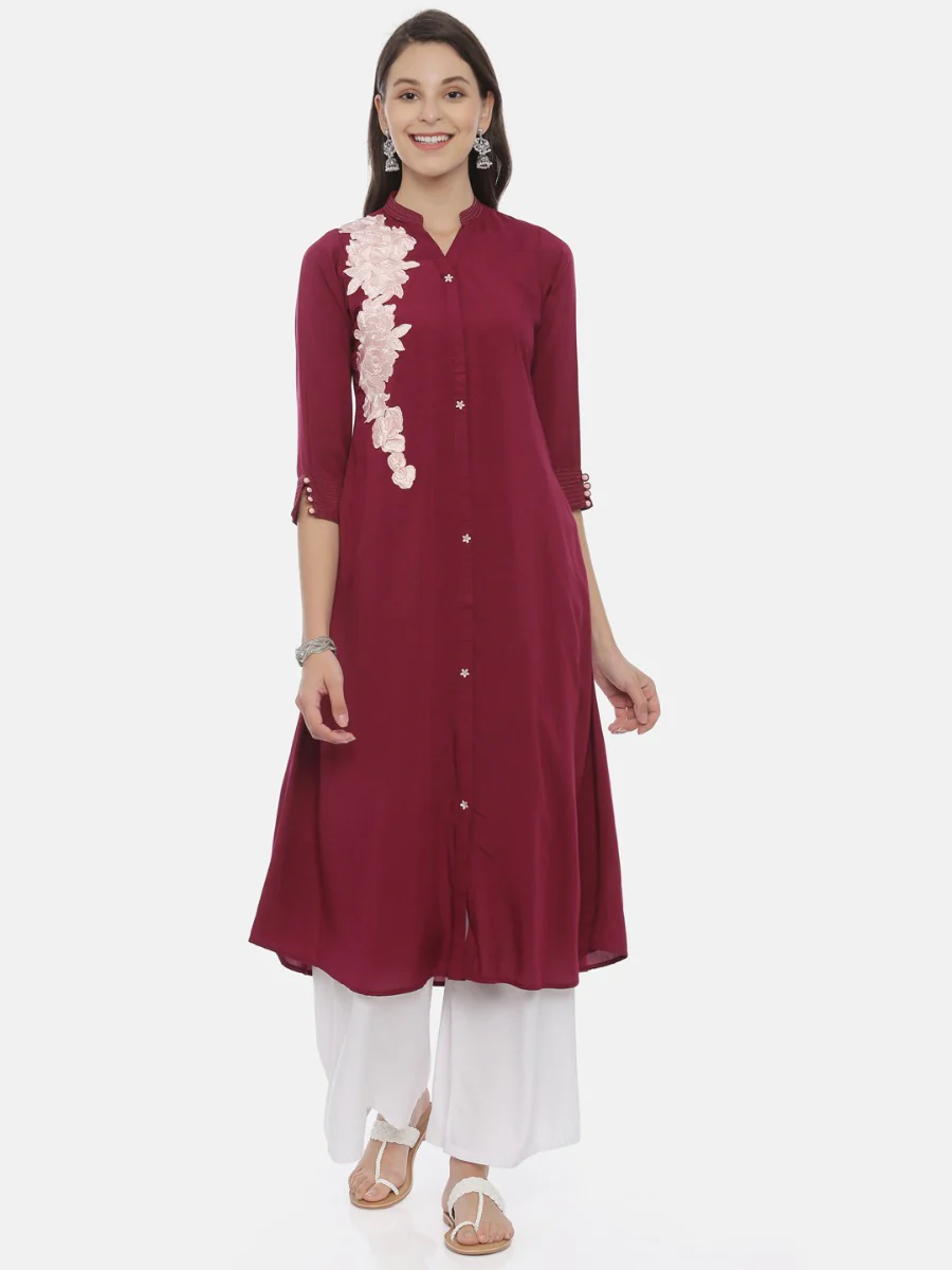 Neerus Maroon Embroidered A Line Kurta