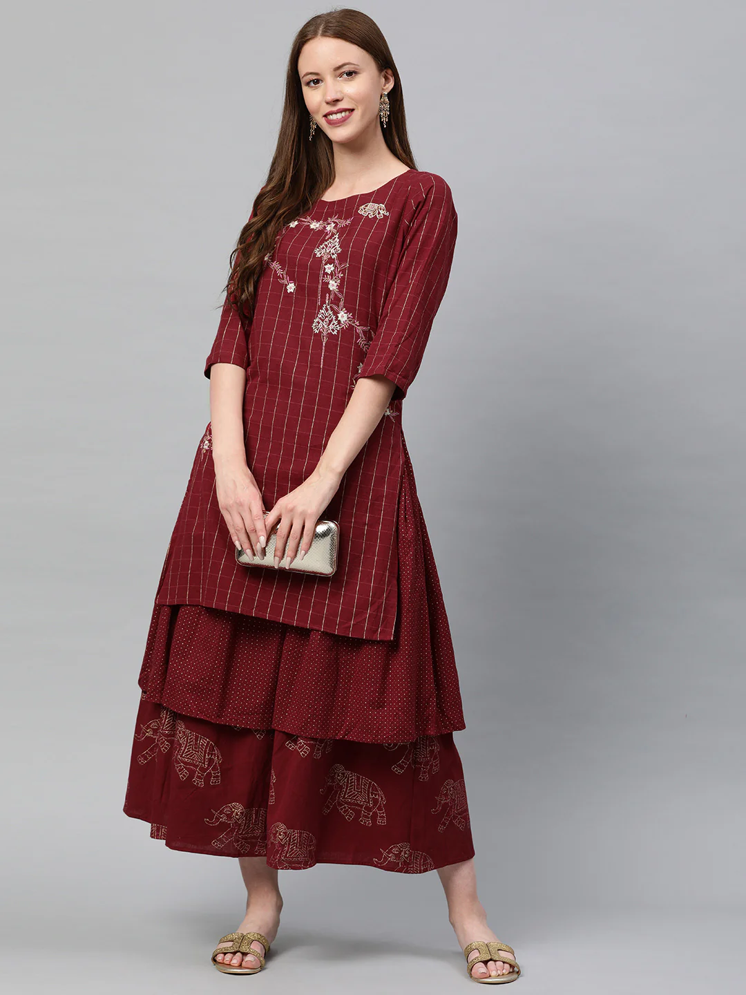 Neerus Maroon Embroidered Flared Double Layered Kurta - Image 5