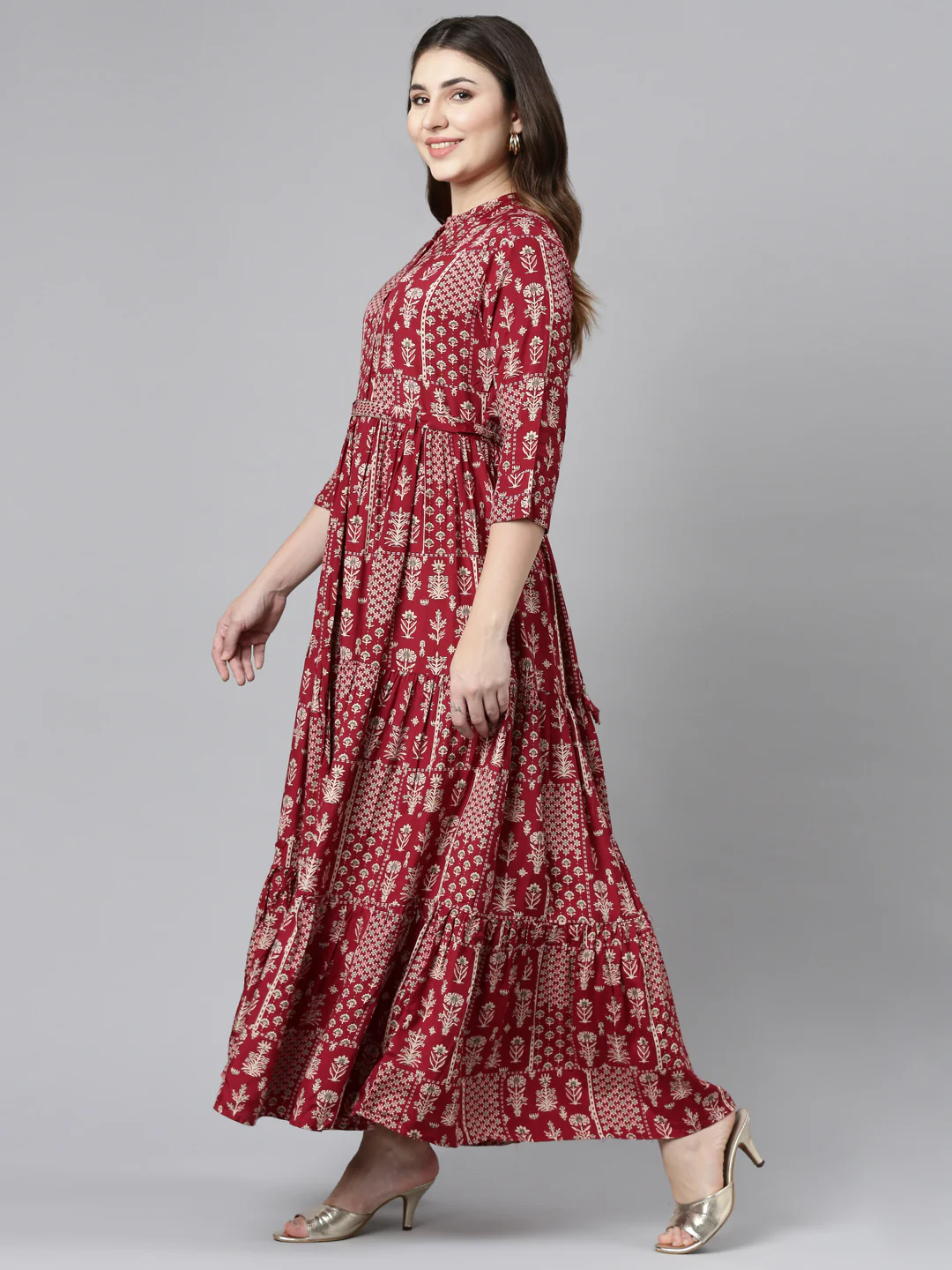 Neerus Maroon Flared Casual Printed Gown - Image 2