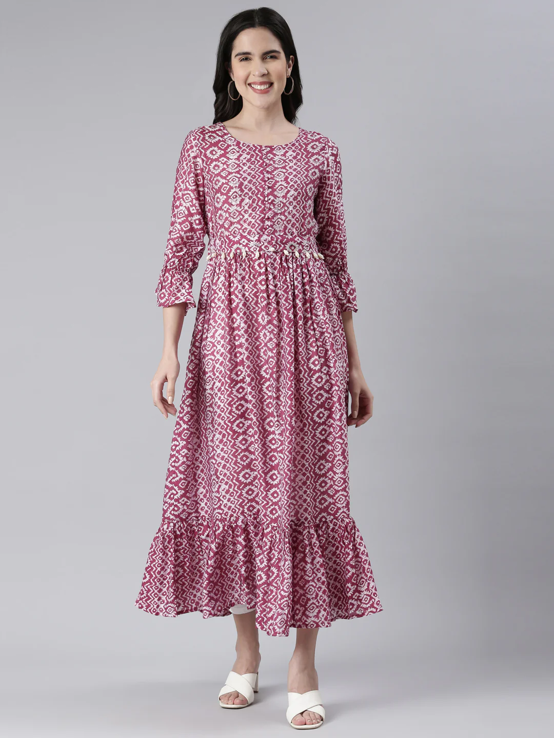 Neerus Maroon Maxi Casual Printed Dresses