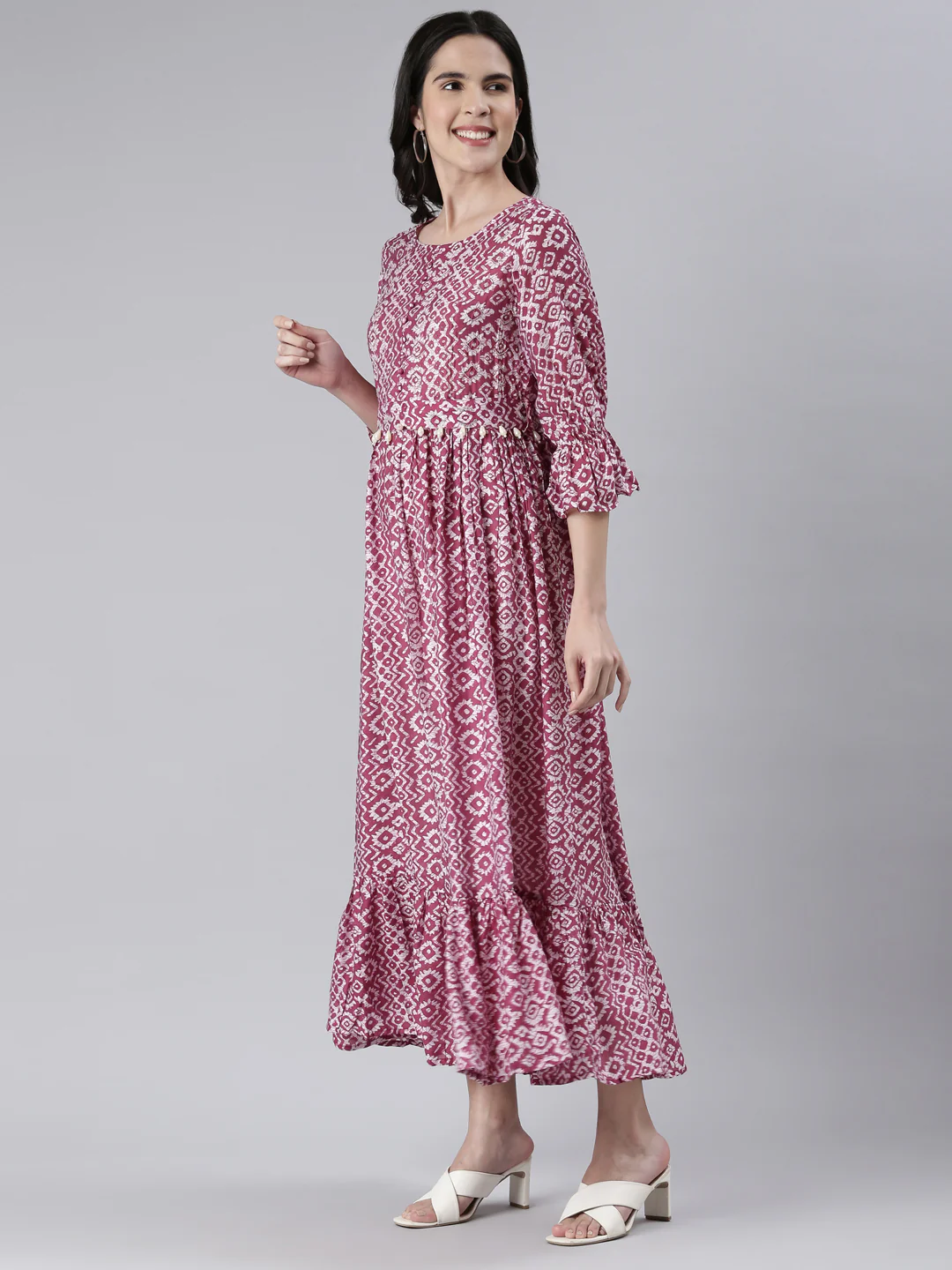 Neerus Maroon Maxi Casual Printed Dresses - Image 2