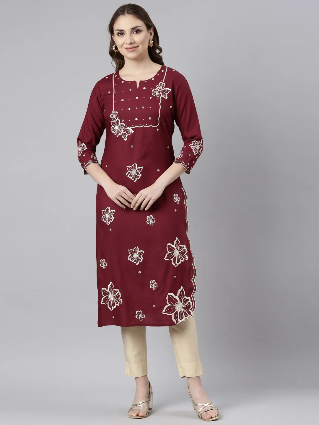 Neerus Maroon Panelled Straight Floral Kurta