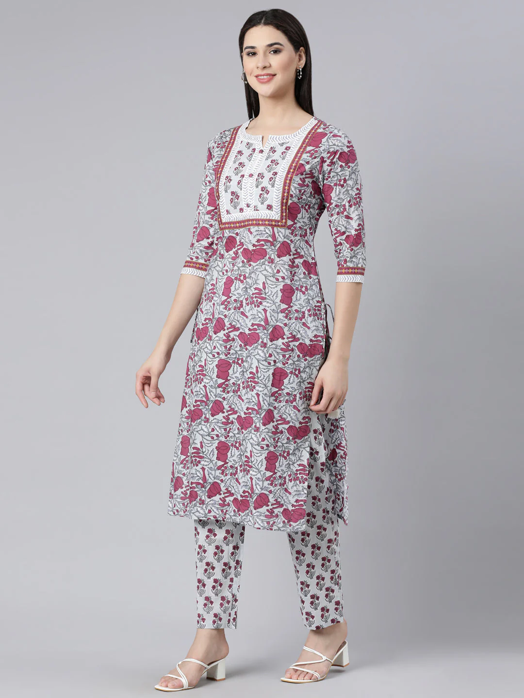Neerus Maroon Panelled Straight Printed Kurta And Trousers With Dupatta - Image 2