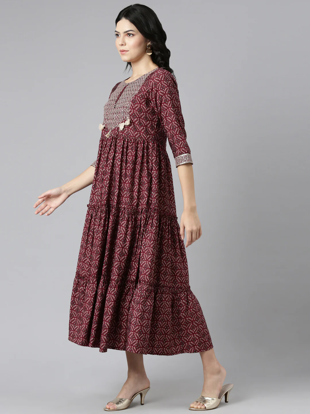 Neerus Maroon Pleated Anarkali Printed Kurta - Image 2