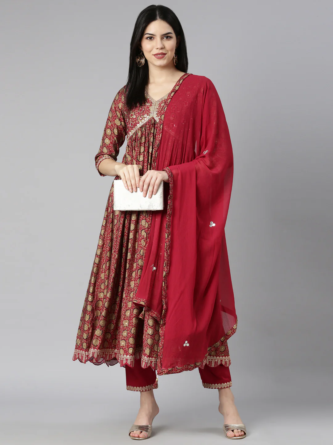 Neerus Maroon Pleated Straight Floral Kurta And Trousers With Dupatta - Image 5