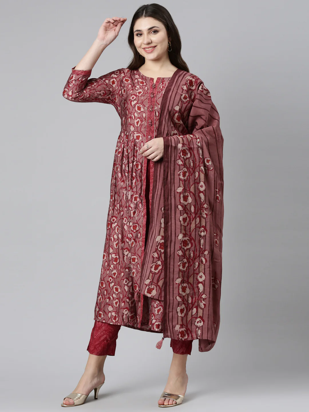 Neerus Maroon Pleated Straight Printed Readymade suits
