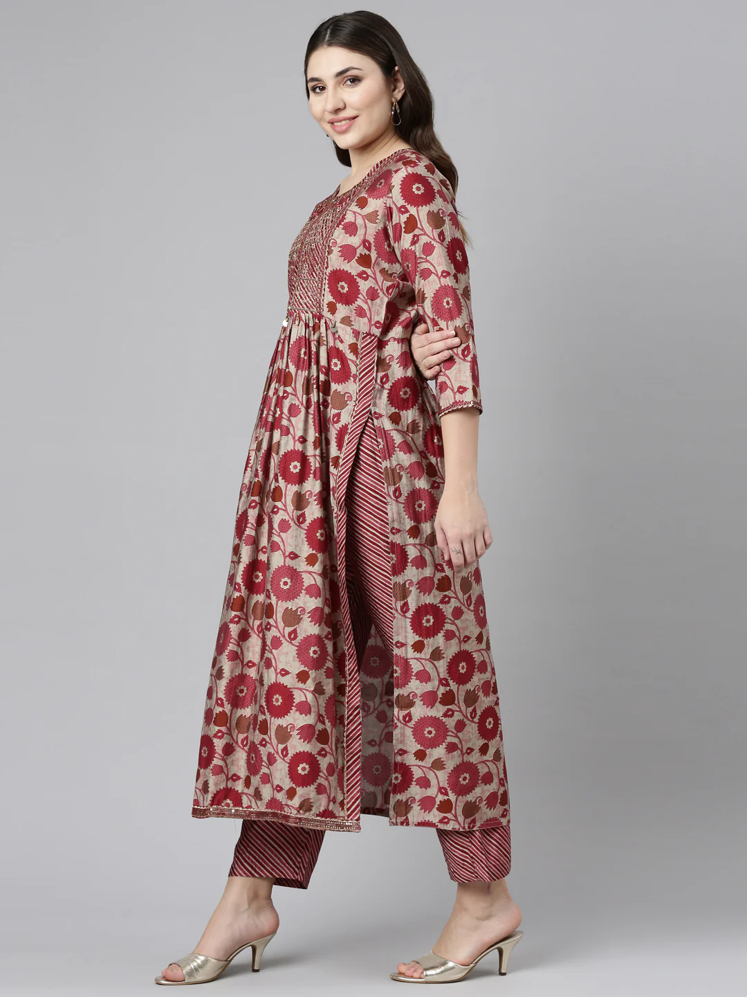 Neerus Maroon Pleated Straight Printed Readymade suits - Image 2