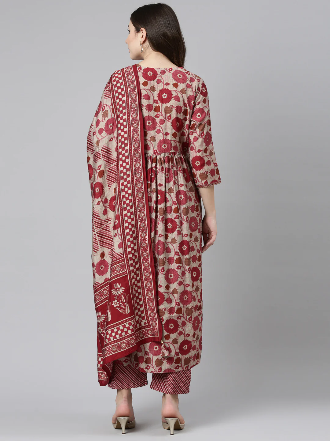 Neerus Maroon Pleated Straight Printed Readymade suits - Image 3