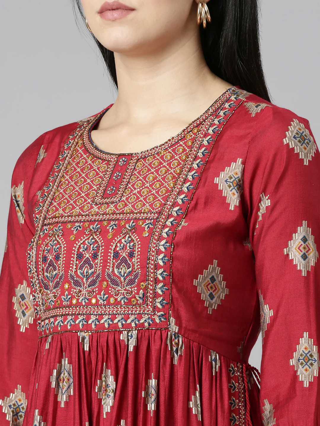 Neerus Maroon Pleated Straight Printed Readymade suits - Image 4