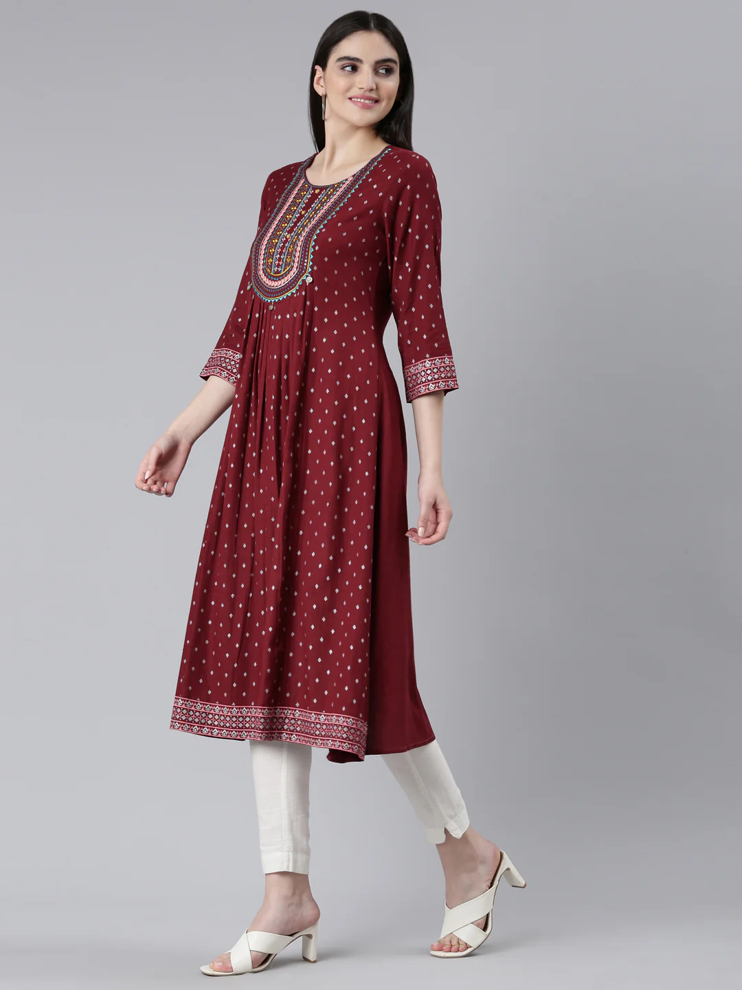 Neerus Maroon Pleated Straight Printed Kurta - Image 2