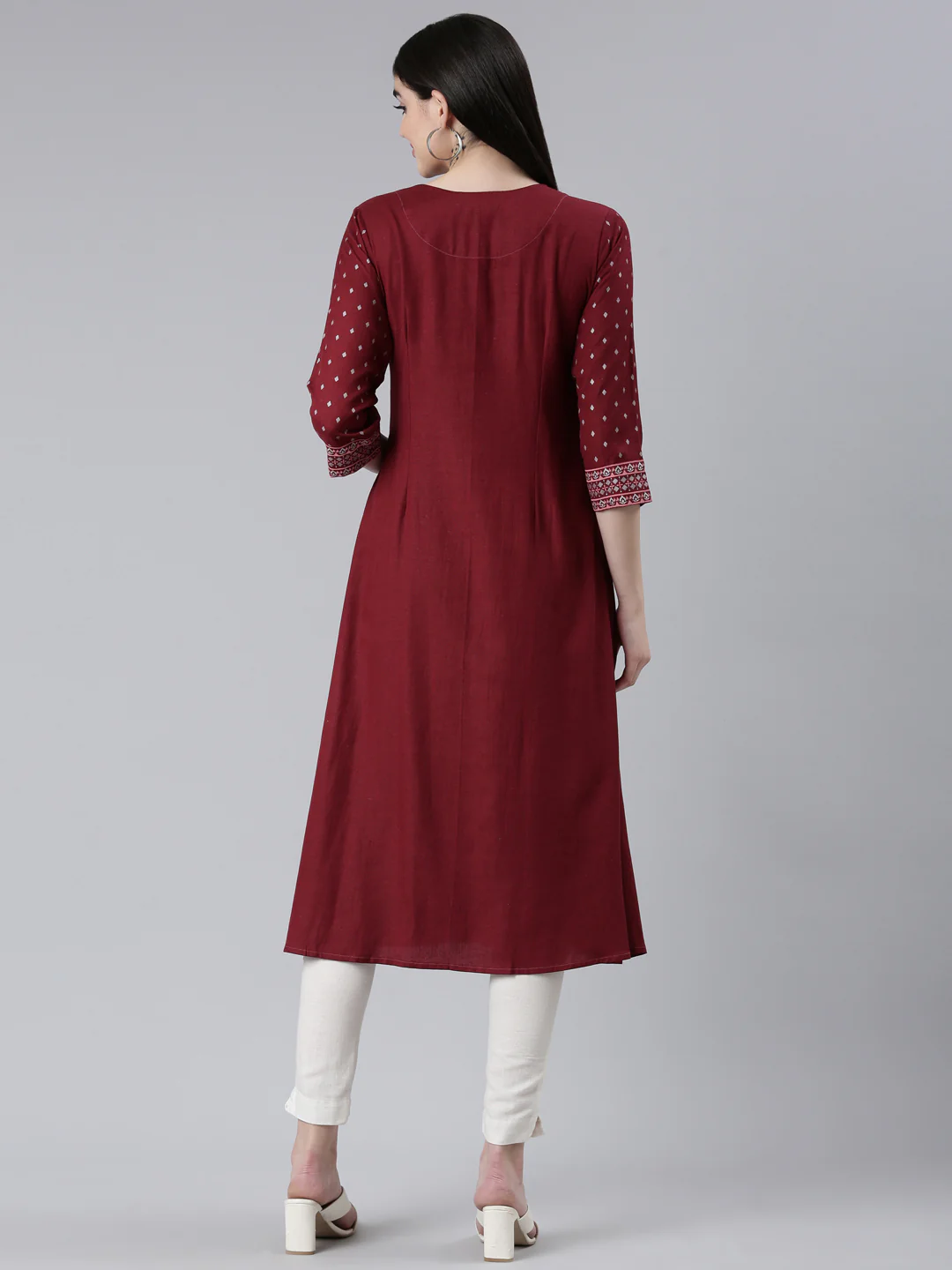 Neerus Maroon Pleated Straight Printed Kurta - Image 3