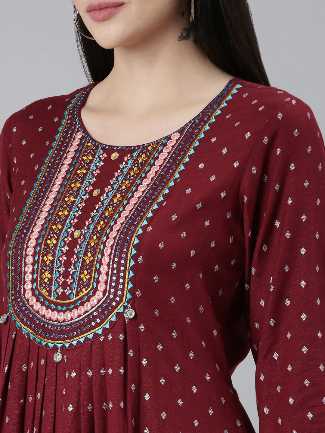 Neerus Maroon Pleated Straight Printed Kurta - Image 4