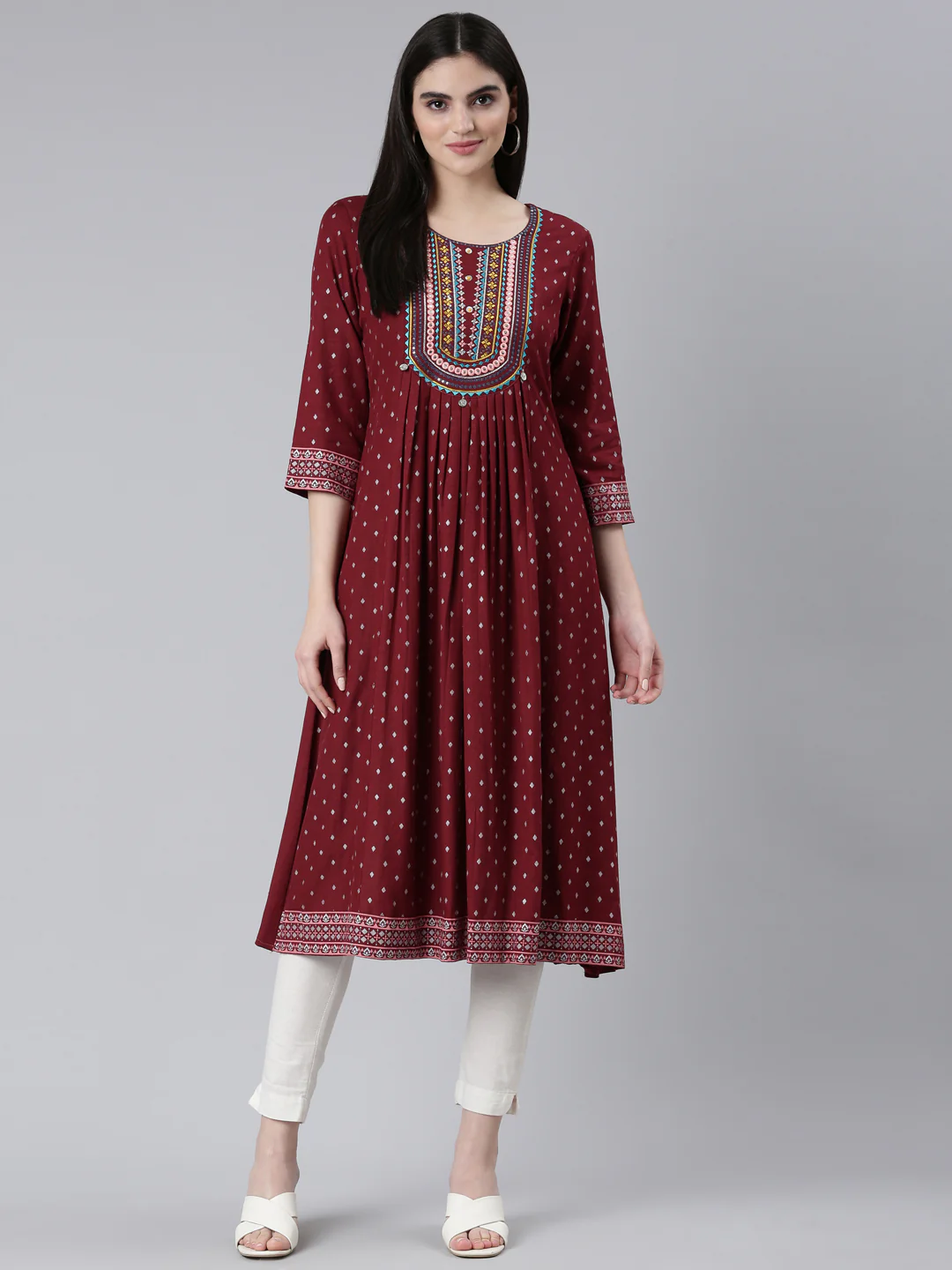 Neerus Maroon Pleated Straight Printed Kurta - Image 5