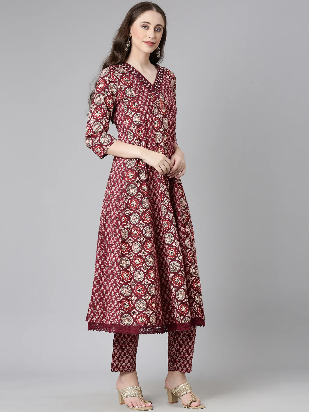 Neerus Maroon Printed Anarkali Kurta and Trousers With Dupatta - Image 2