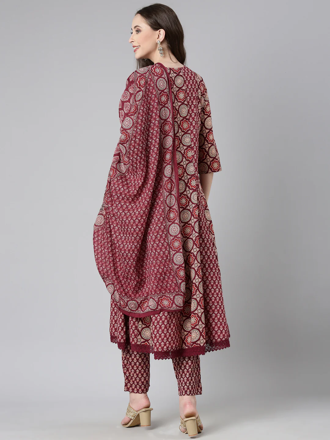 Neerus Maroon Printed Anarkali Kurta and Trousers With Dupatta - Image 3