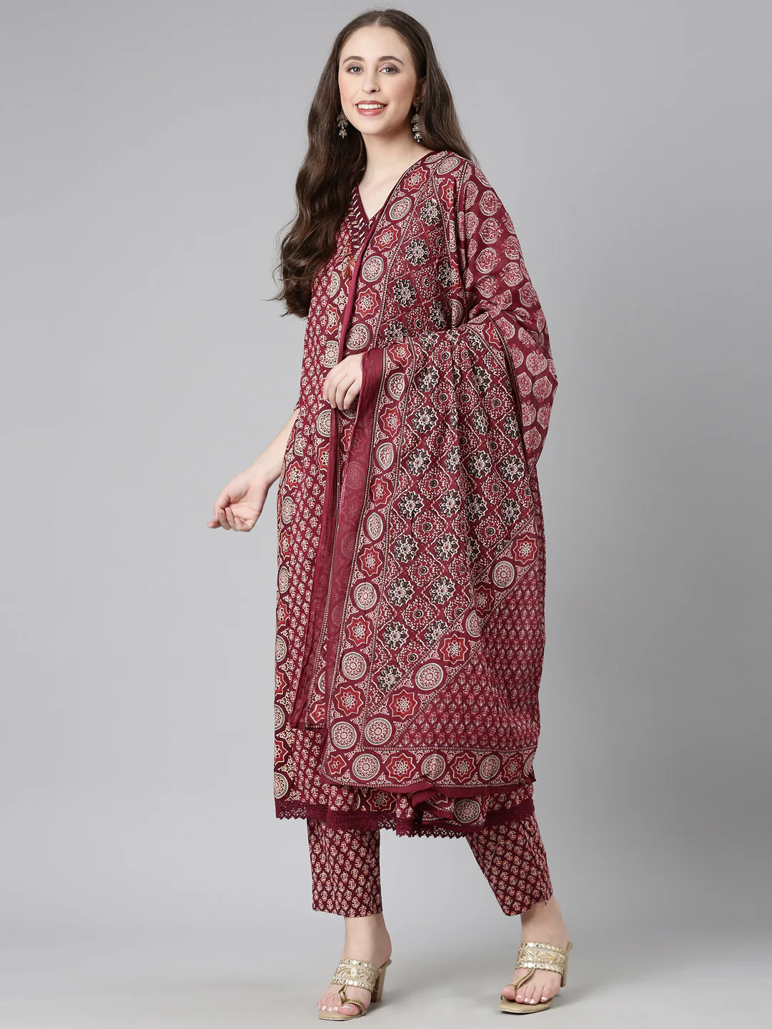 Neerus Maroon Printed Anarkali Kurta and Trousers With Dupatta - Image 5