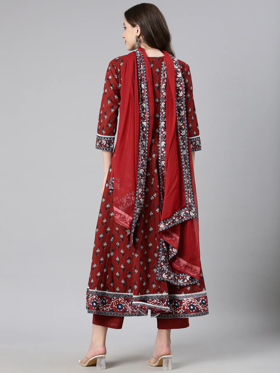Neerus Maroon Printed Anarkali Kurta and Trousers With Dupatta - Image 3