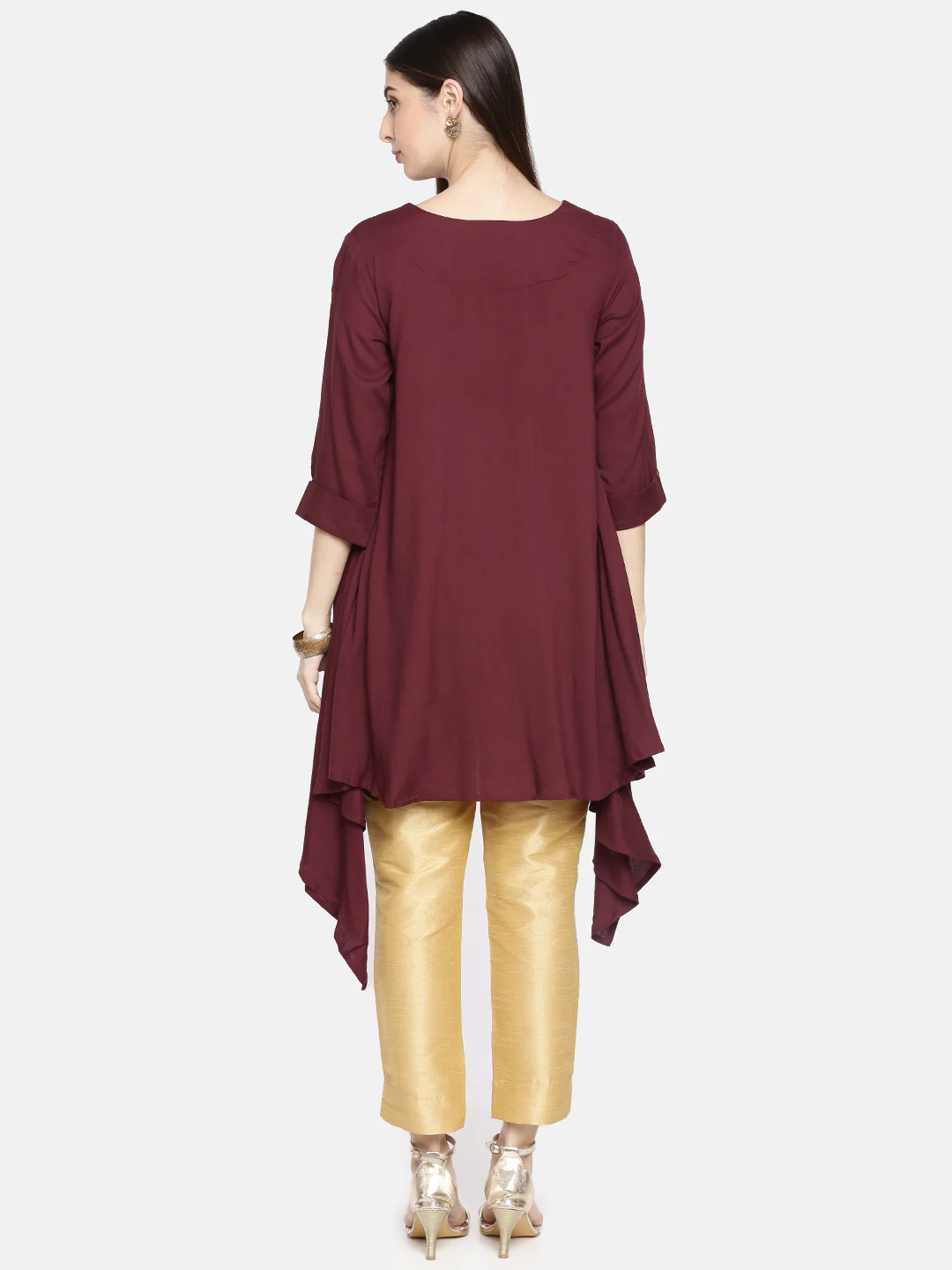 Neerus Maroon Printed High Low Kurta - Image 5