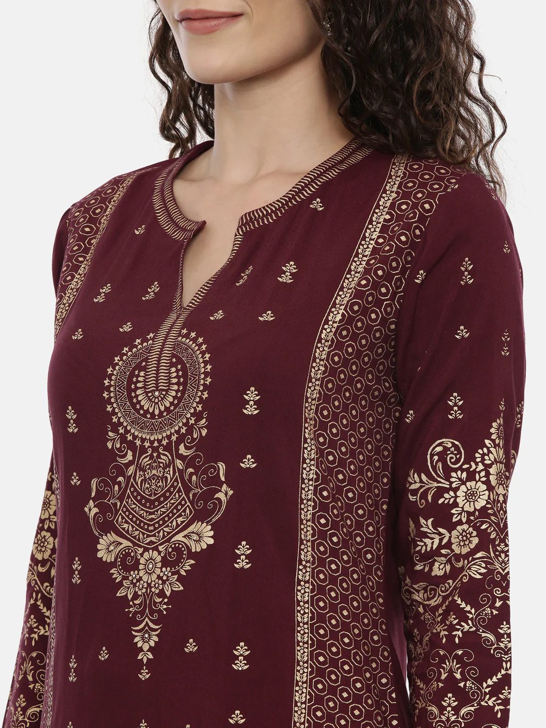 Neerus Maroon Printed Straight Kurta - Image 2