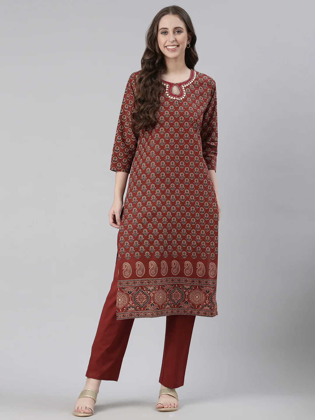 Neerus Maroon Printed Straight Kurta and Trousers - Image 5