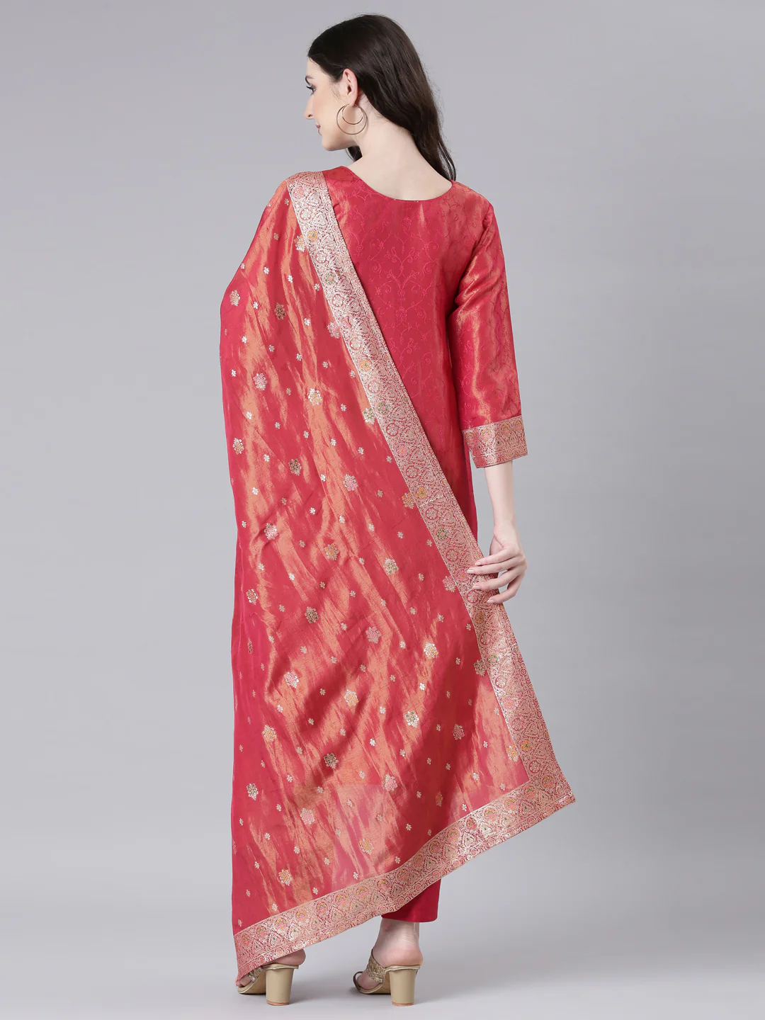 Neerus Maroon Printed Straight Kurta and Trousers With Dupatta - Image 3