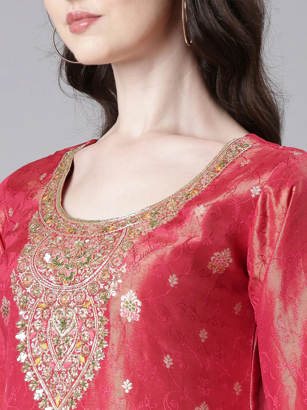 Neerus Maroon Printed Straight Kurta and Trousers With Dupatta - Image 4