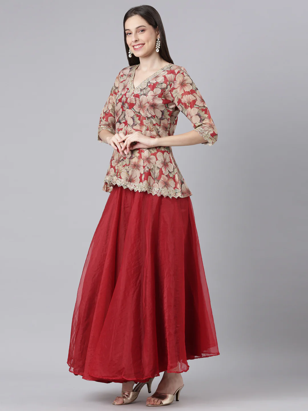 Neerus Maroon Printed Straight Top and Skirt - Image 2