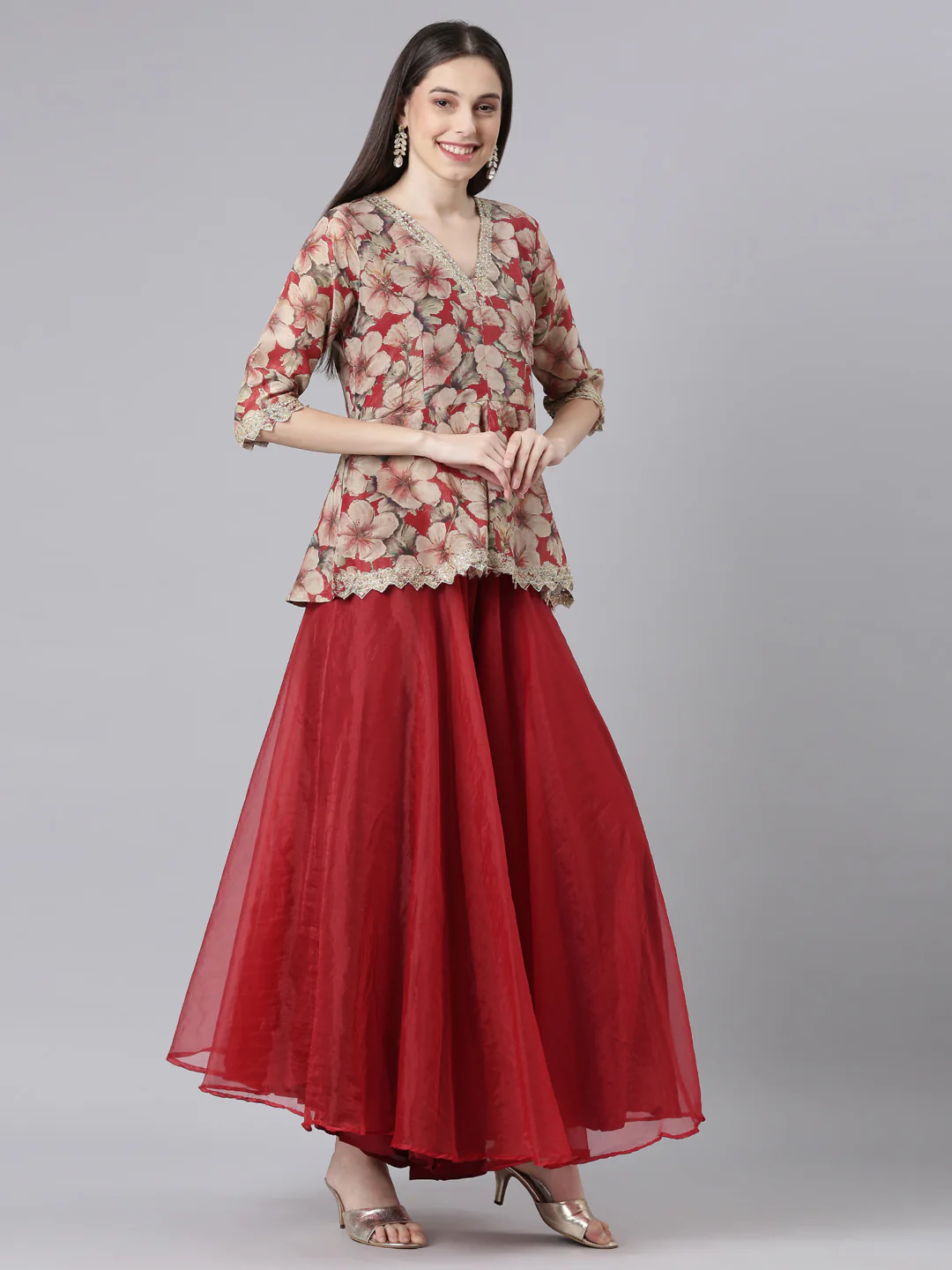 Neerus Maroon Printed Straight Top and Skirt - Image 3