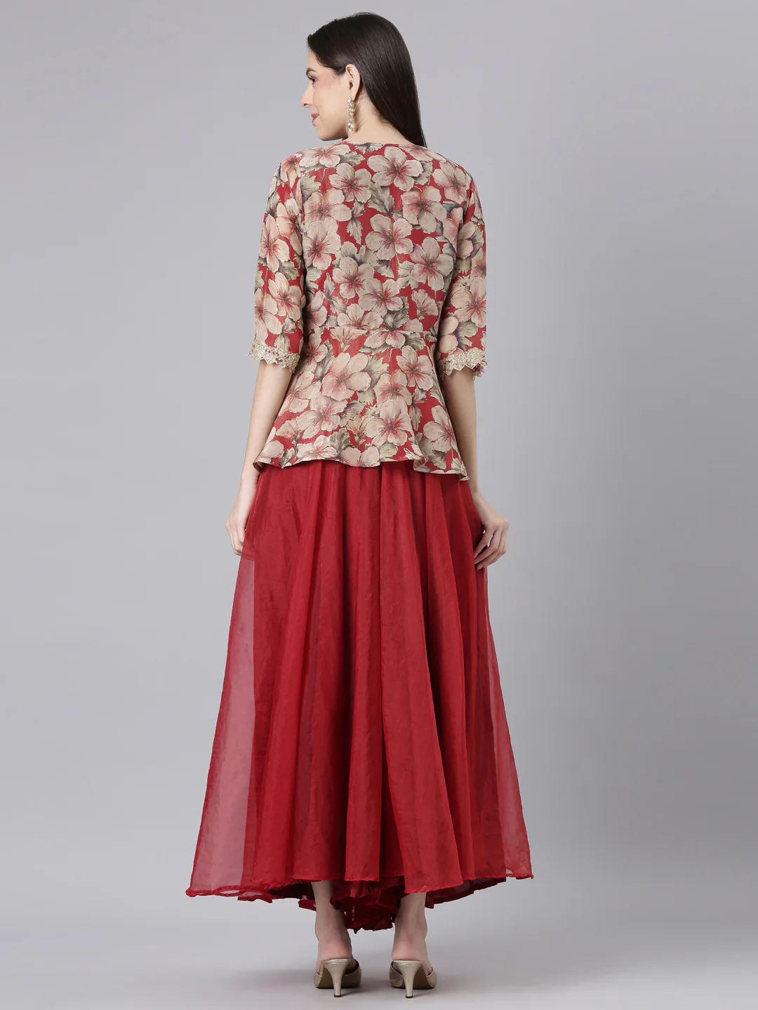 Neerus Maroon Printed Straight Top and Skirt - Image 4