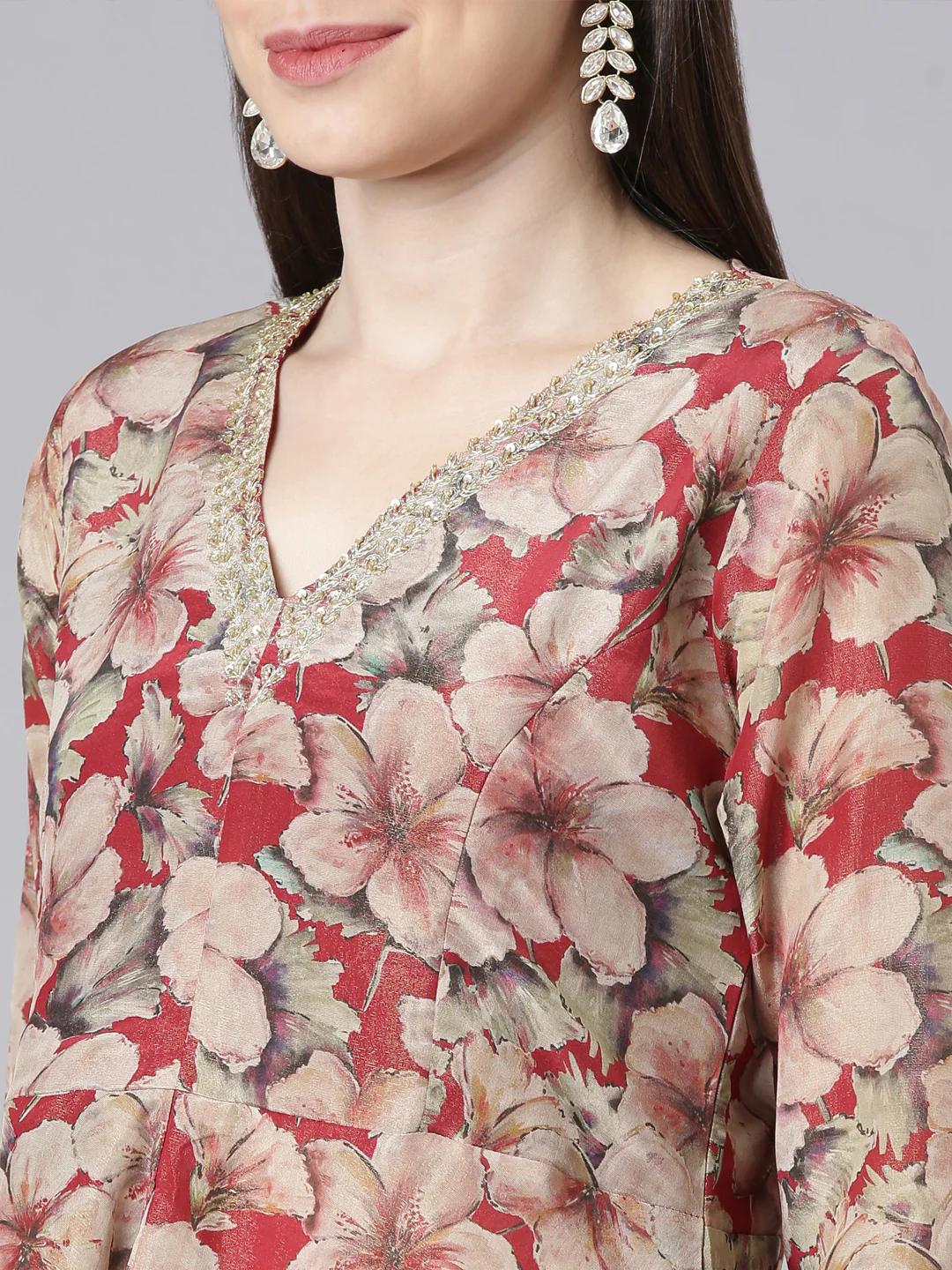 Neerus Maroon Printed Straight Top and Skirt - Image 5