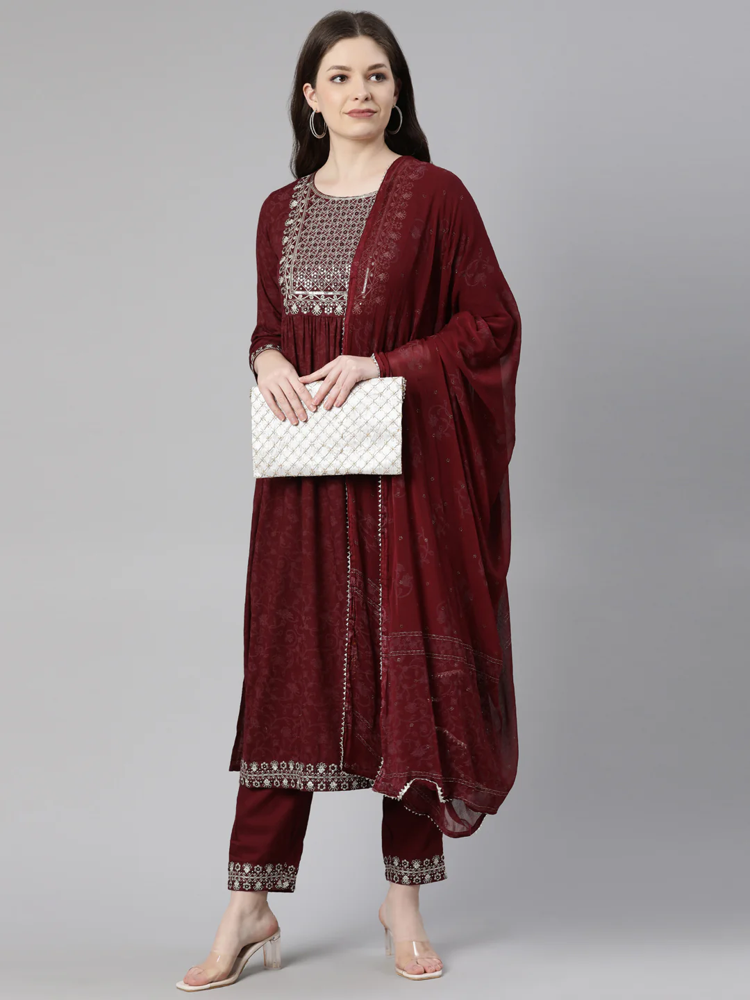 Neerus Maroon Regular Calf Length Printed Kurta Embroidered Trousers With Dupatta - Image 5