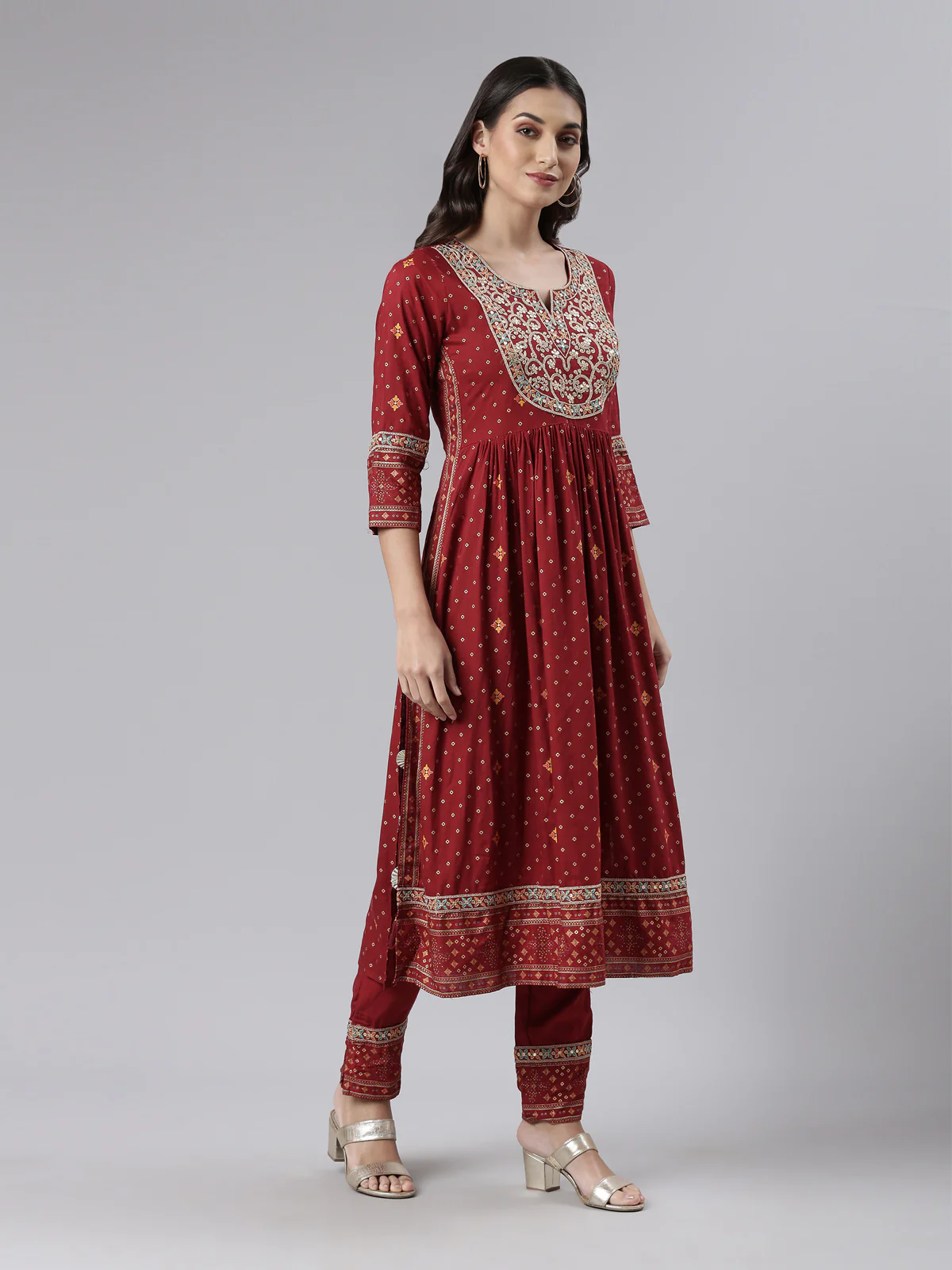 Neerus Maroon Regular Calf Length Printed Kurta Printed Trousers With Dupatta - Image 2