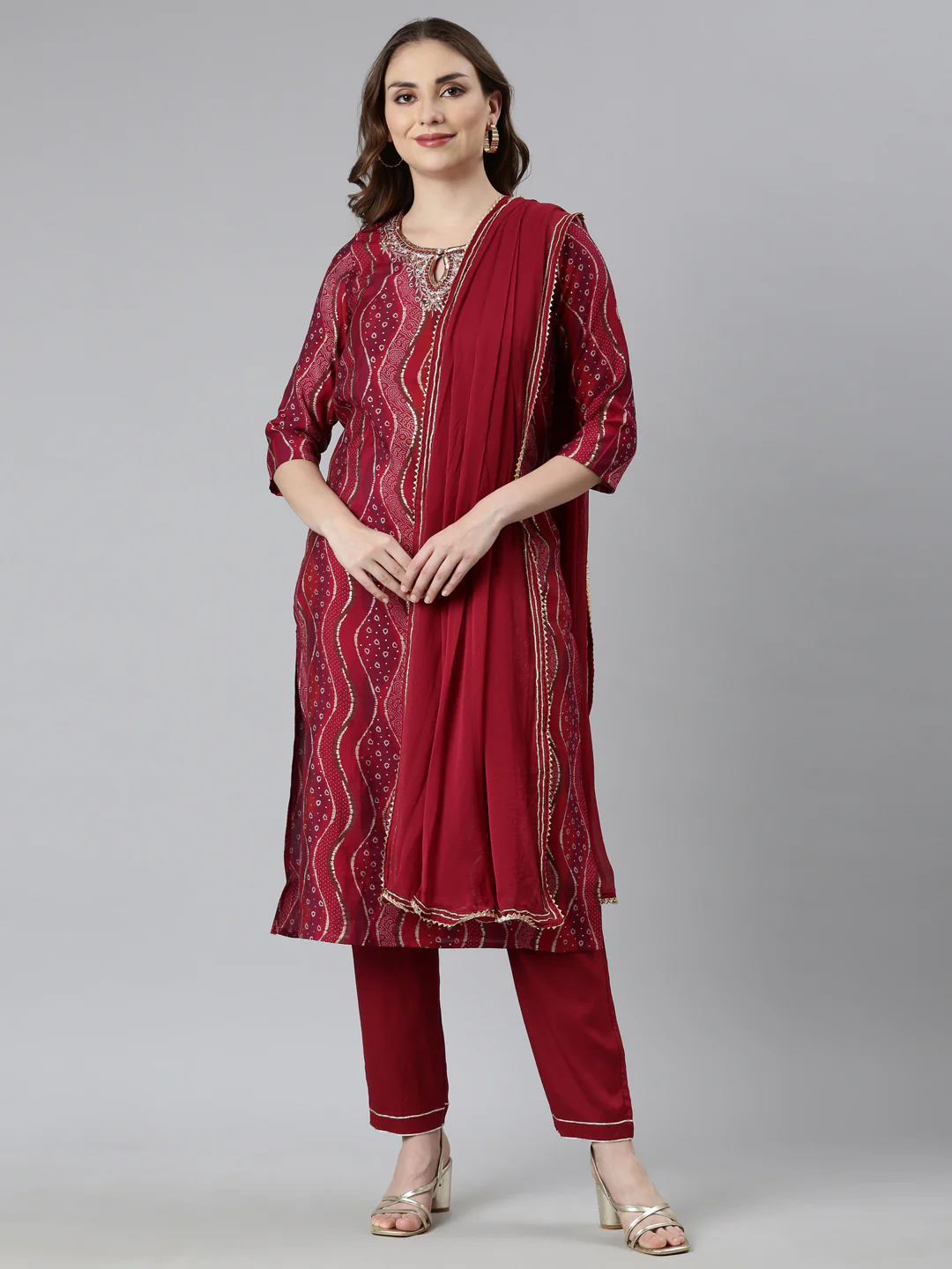 Neerus Maroon Regular Straight Bandhani Kurta And Trousers With Dupatta