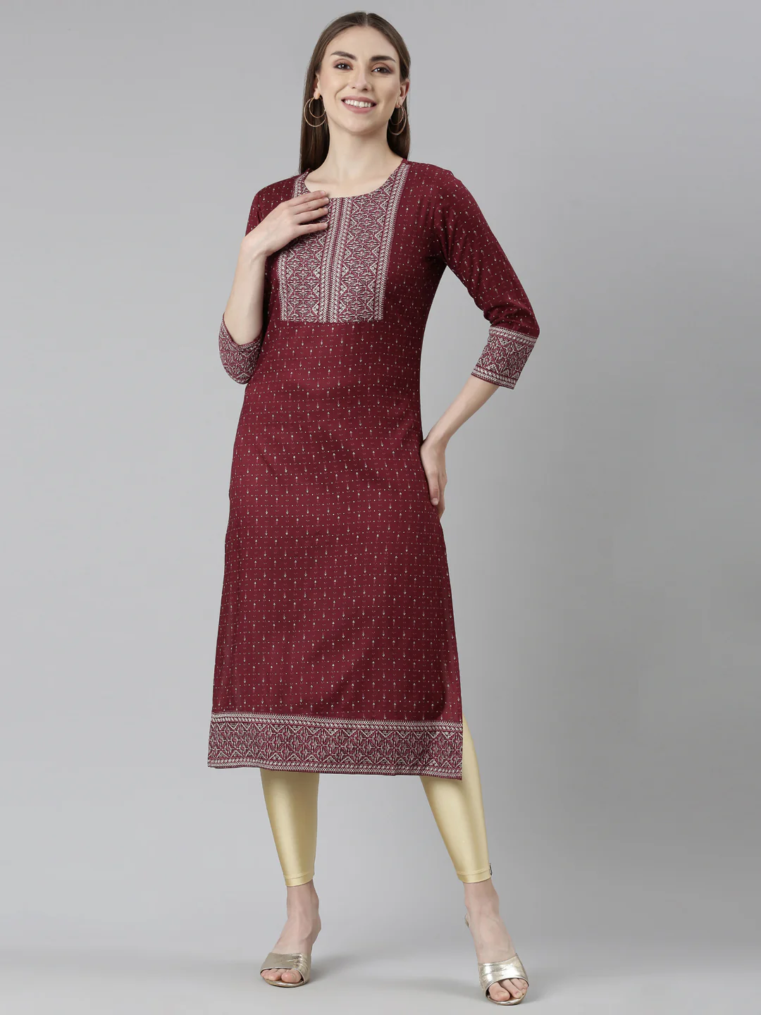 Neerus Maroon Regular Straight Bandhani Kurta