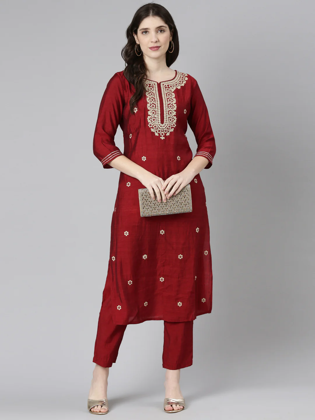 Neerus Maroon Regular Straight Embroidered Kurta And Trousers - Image 5
