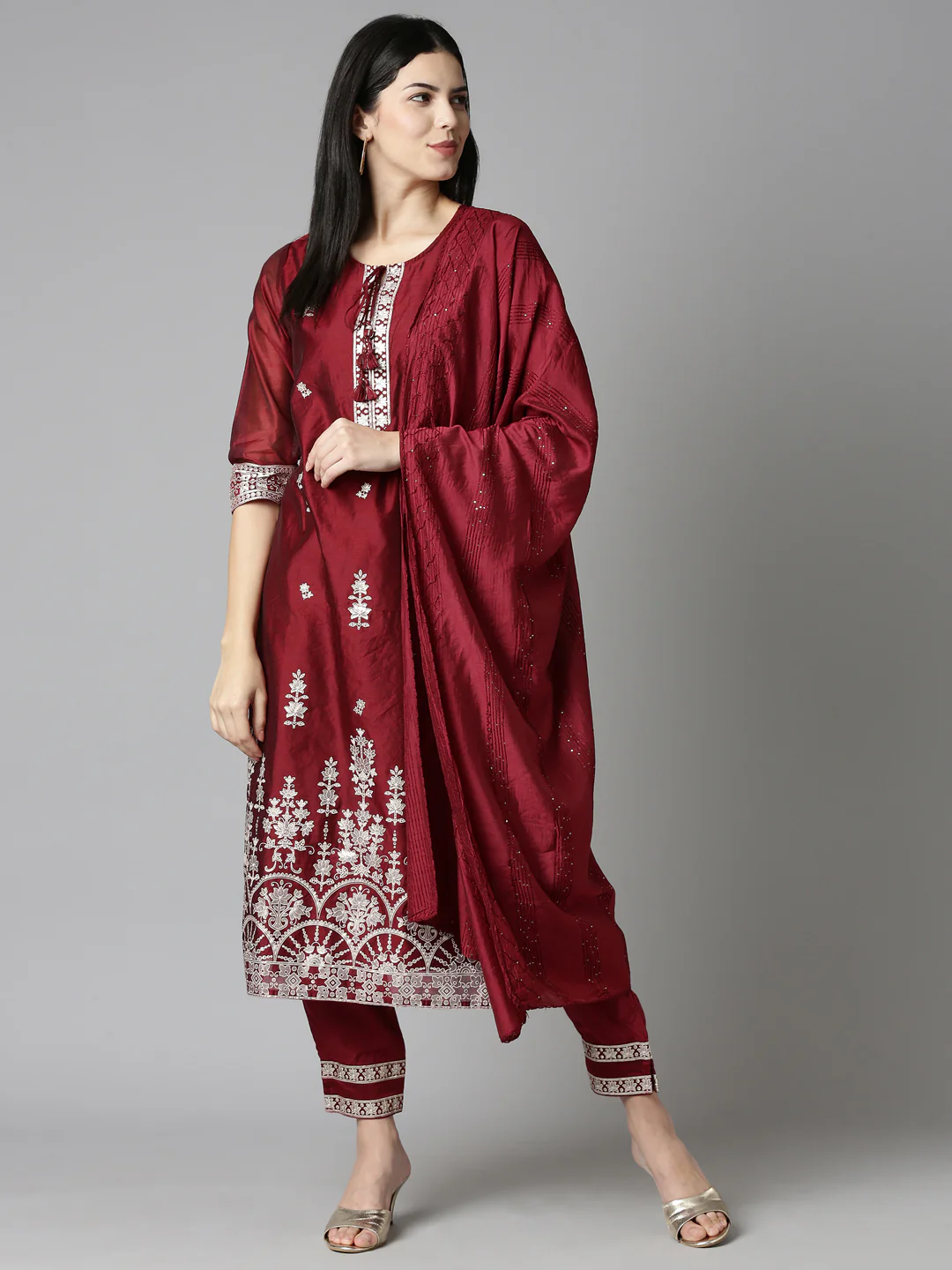 Neerus Maroon Regular Straight Embroidered Readymade suits - Image 5