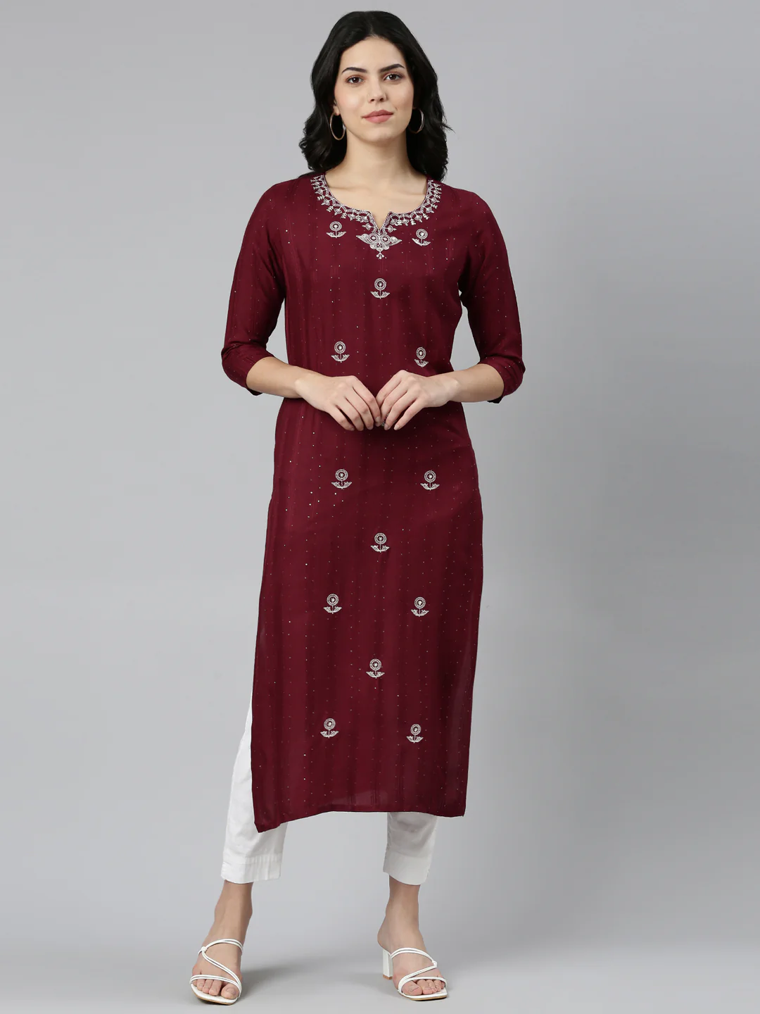 Neerus Maroon Regular Straight Embroidered Kurta
