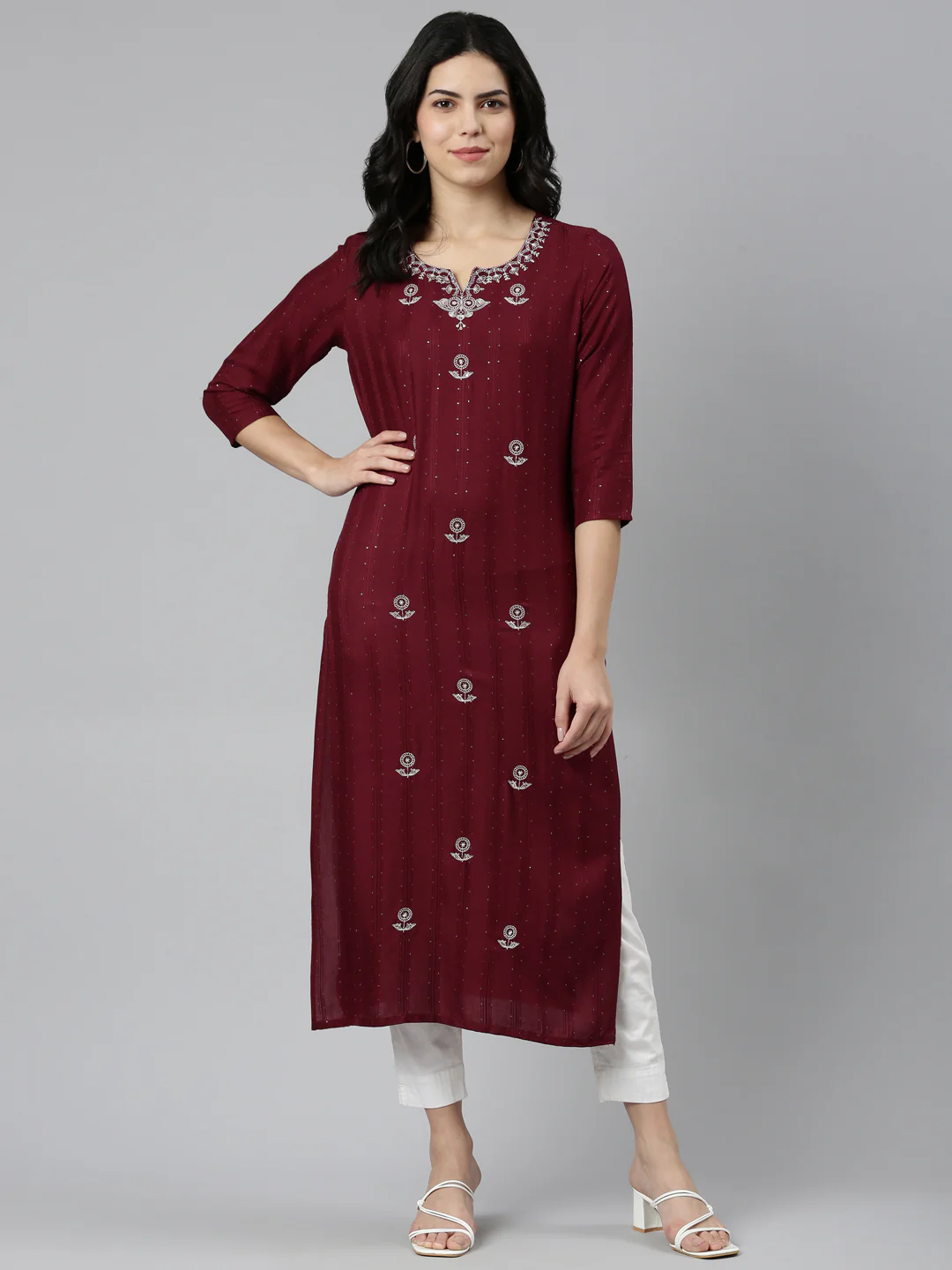 Neerus Maroon Regular Straight Embroidered Kurta - Image 5