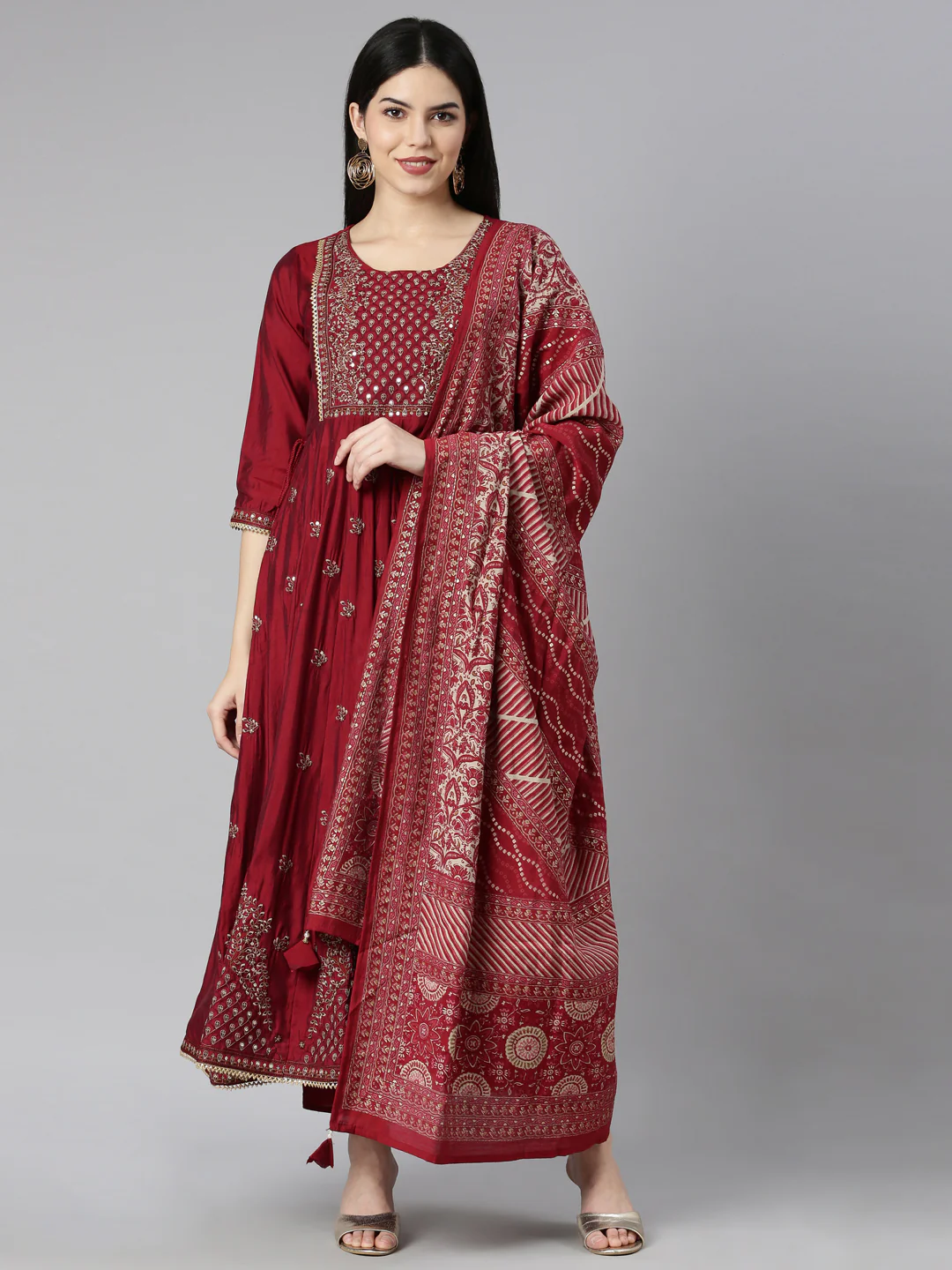 Neerus Maroon Regular Straight Floral Kurta And Trousers With Dupatta